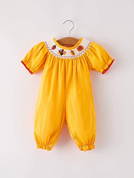 Yellow Thanksgiving Embroidered Romper