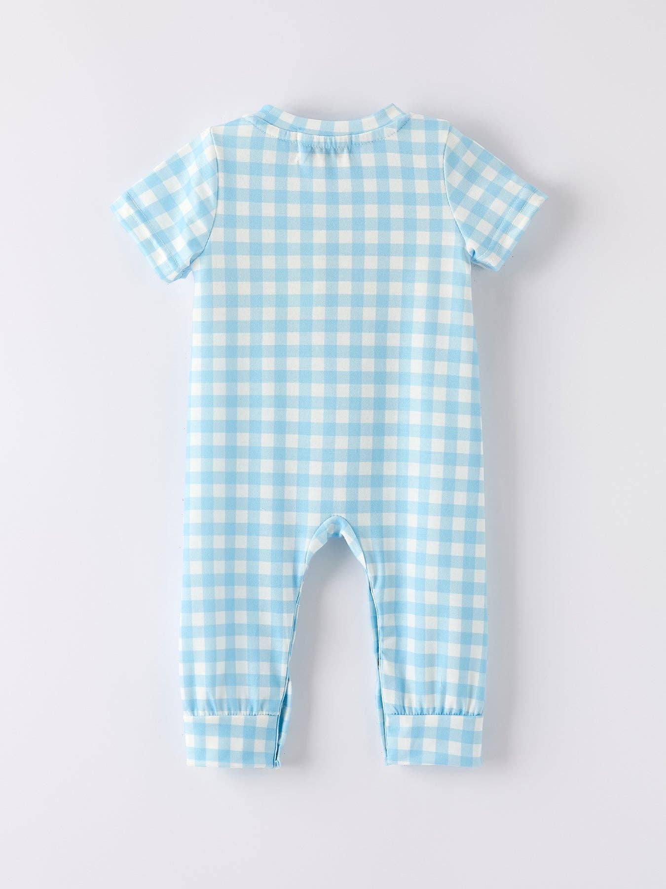 Blue Gingham Embroidered Pumpkin Romper