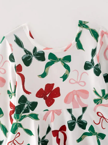 Christmas Bow Long Sleeve Twirl Dress