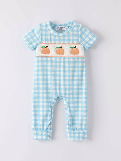 Blue Gingham Embroidered Pumpkin Romper