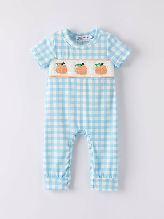 Blue Gingham Embroidered Pumpkin Romper