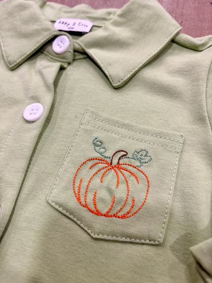 Sage Pumpkin Embroidered Button Up