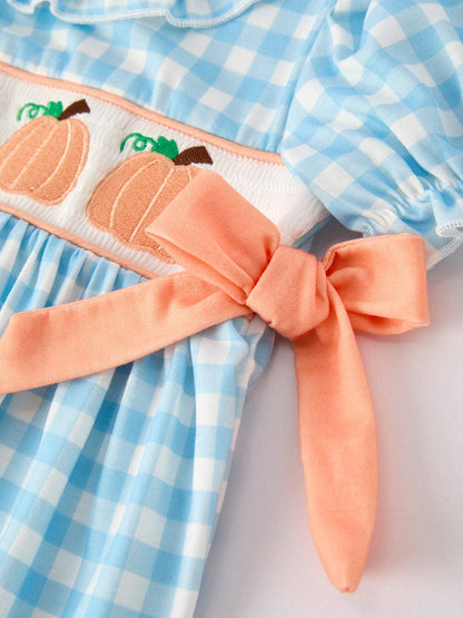 Blue Gingham Embroidered Pumpkin Dress