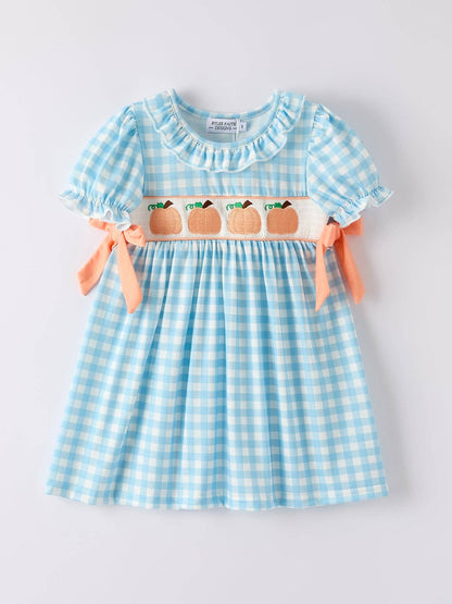 Blue Gingham Embroidered Pumpkin Dress