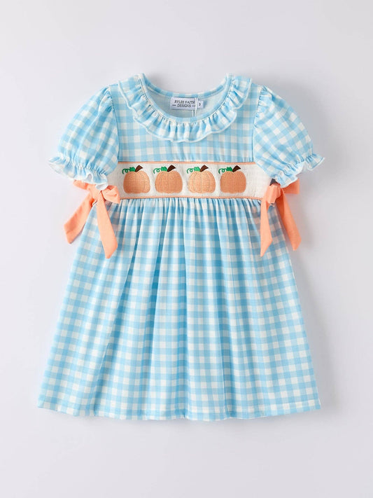 Blue Gingham Embroidered Pumpkin Dress