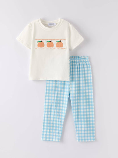 Blue Gingham Embroidered Pumpkin Set
