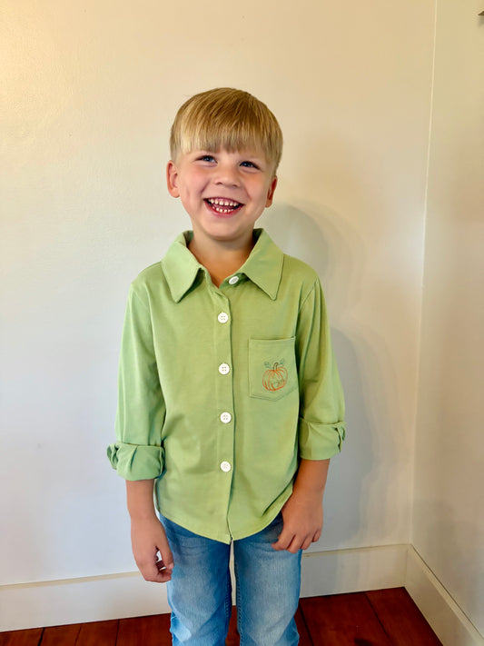 Sage Pumpkin Embroidered Button Up