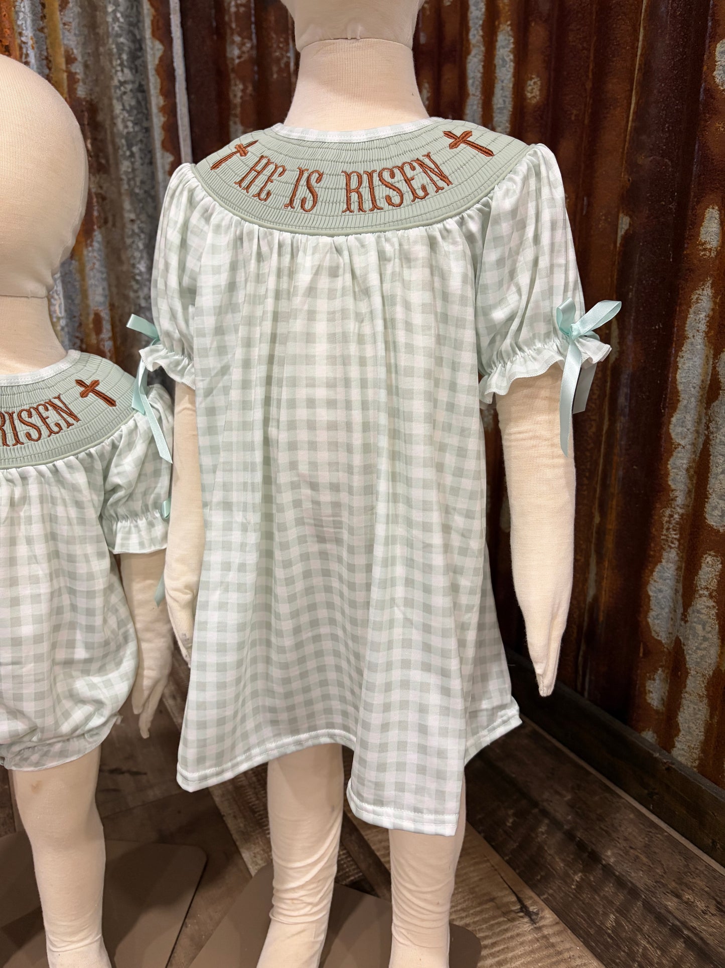 Sage Gingham He is Risen Dress
