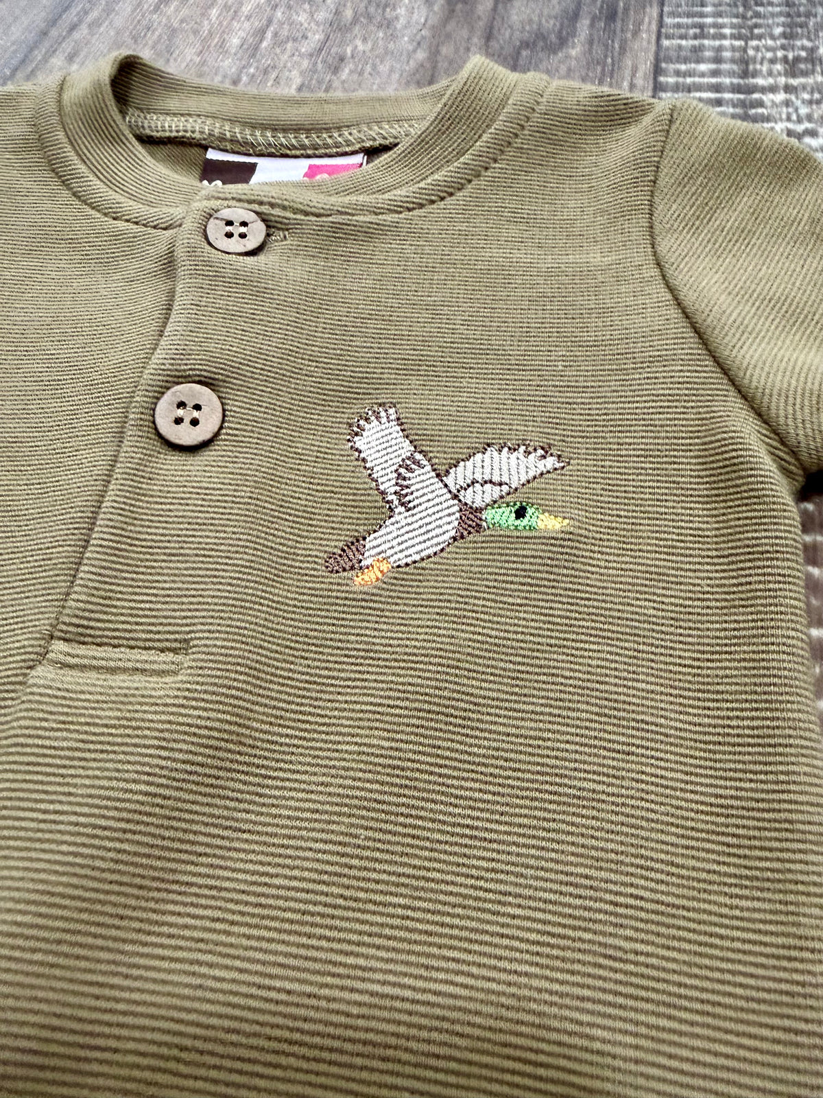 Tan Mallard Button Romper