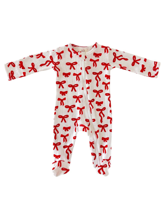 Red Bow Print Zip Footie