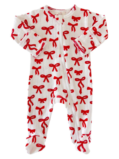 Red Bow Print Zip Footie