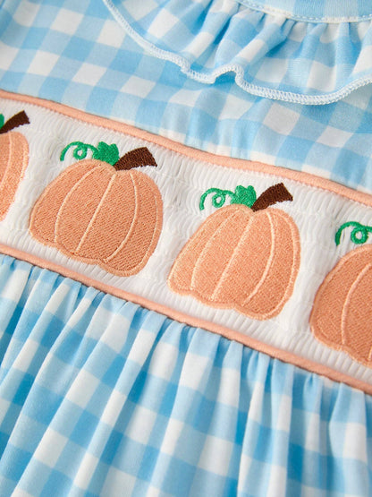 Blue Gingham Embroidered Pumpkin Dress