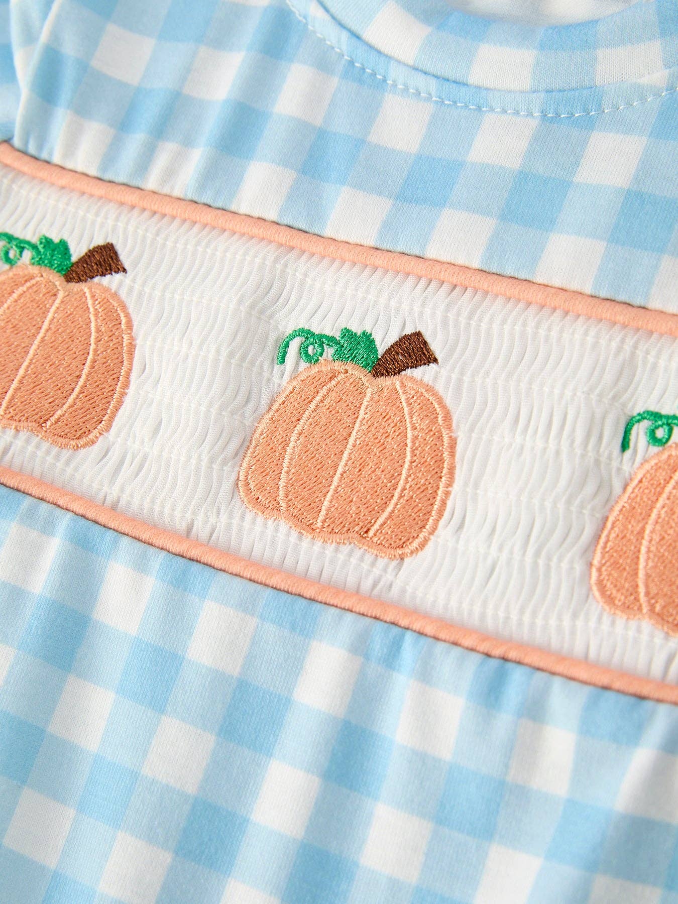 Blue Gingham Embroidered Pumpkin Romper