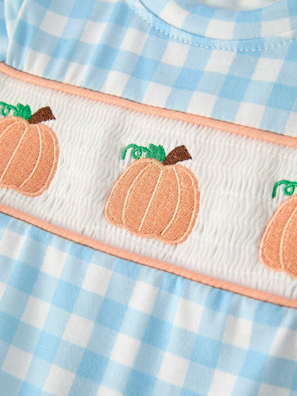 Blue Gingham Embroidered Pumpkin Romper